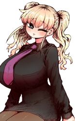  ;) black_shirt blonde_hair blue_eyes blush breasts curvy female formal_clothes highres huge_breasts kanzaki_akane_(ss_kabushikigaisha) large_breasts long_hair long_sleeves looking_at_viewer necktie one_eye_closed pantyhose pencil_skirt purple_necktie shirt skirt skirt_suit smile solo ss_kabushikigaisha suit twintails zyugoya 