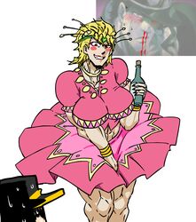  2019 2boys abs alcohol bare_arms battle_tendency black_clothing black_hair blonde_hair blood blush bottle bracelet breasts cap clothed clothing collar crossdressing dio_brando embarrassed facial_mark fake_breasts hair_ornament hand_between_legs hat headband highres holding_bottle huge_breasts humor jojo&#039;s_bizarre_adventure joseph_joestar_(cosplay) jotaro_kujo lipstick looking_at_another makeup male male_only mannungei meme midriff muscles muscular muscular_male nosebleed pink_clothing red_eyes red_lipstick simple_background skirt skirt_up standing stardust_crusaders sweat sweating teeth tequila tequila_joseph_(cosplay) thick_thighs thighs vampire vein white_background 