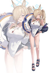  absurdres animal_ear_fluff animal_ears annoyed bare_legs barefoot blonde_hair blue_archive blue_halo blue_jacket blush competition_swimsuit covered_navel dainillust dog_ears dog_girl extra_ears female fingernails frown hair_over_one_eye halo hand_up highres hip_dips holding holding_swim_ring jacket kanna_(blue_archive) kanna_(swimsuit)_(blue_archive) lifebuoy long_bangs notched_ear off_shoulder official_alternate_costume one-piece_swimsuit open_clothes open_jacket open_mouth ponytail projected_inset purple_armband sandals sharp_teeth simple_background solo sports_sandals standing swim_ring swimsuit swimsuit_tug teeth two-sided_fabric two-sided_jacket upper_teeth_only whistle whistle_around_neck white_background white_one-piece_swimsuit 