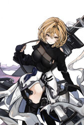  black_footwear breasts brown_eyes brown_headband cleavage cleavage_cutout clothing_cutout commentary_request cowboy_shot djeeta_(granblue_fantasy) facing_viewer female fingerless_gloves gloves granblue_fantasy hair_between_eyes headband highres honing_seeker:_nova light_smile looking_at_viewer messy_hair numlq official_alternate_costume on_one_knee partially_undressed short_hair shoulder_cutout solo sword turtleneck weapon 