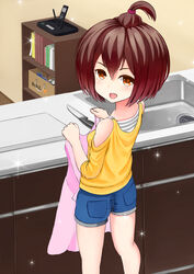  :d ahoge apron bare_shoulders box brown_hair commentary_request female from_behind girlfriend_(kari) hair_bobbles hair_ornament indoors kitchen kitchen_knife knife kurogomahaku long_sleeves looking_at_viewer looking_back ooyama_mayuri open_mouth phone santoku_knife shelf short_hair shorts sleeves_pushed_up smile solo sparkle standing washbowl 