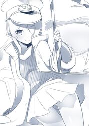  commentary_request facing_viewer female gohei greyscale hair_over_one_eye hat keifuku-san keifuku_(tatsuki) long_coat monochrome naik peaked_cap pleated_skirt sharp_teeth sidelocks skirt smile solo teeth 