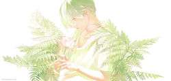  1boy flower green_hair leaves lotus male_focus open_mouth original re_degrees_(red_flagship) shirt simple_background solo t-shirt upper_body web_address white_background yellow_eyes 