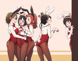  5girls ^_^ animal_ears arm_around_waist ass back backless_leotard bare_shoulders beckoning black_hair blue_eyes blush bob_cut bow bowtie breast_press breasts brown_eyes brown_hair brown_legwear cleavage closed_eyes commentary_request covered_navel detached_collar embarrassed eyelashes fake_animal_ears fake_tail fishnet_pantyhose fishnets folded_ponytail freckles girl_sandwich grabbing grabbing_another&#039;s_breast hair_ornament hairband hairclip half-closed_eyes hatohara_mirai head_tilt heart heart_background hitomi_mako hug hug_from_behind kagami_rin kon_yuka kunichika_yuu leotard long_hair looking_at_another looking_at_viewer medium_breasts multiple_girls nail_polish pantyhose parted_bangs peeking_out playboy_bunny rabbit_ears rabbit_tail red_bow red_bowtie red_hair red_leotard red_nails sandwiched side-tie_leotard small_breasts standing strapless strapless_leotard sweat sweatdrop swept_bangs symmetrical_docking tail takaya world_trigger wrist_cuffs yuri 