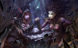  2013 2girls arm_wrestling armor arrow_(projectile) bad_link bikini_armor chenbo gauntlets highres hood multiple_girls orange_eyes pauldrons pointy_ears quiver red_eyes sarah_kerrigan shoulder_armor signature starcraft sylvanas_windrunner tattoo undead warcraft world_of_warcraft 