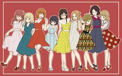  6+girls :d :o ^_^ arm_around_waist arm_at_side ayatsuji_haruka bare_legs black_dress black_footwear black_hair blonde_hair blue_eyes blunt_bangs border bow bracelet breasts brown_eyes brown_hair buttons casual closed_eyes closed_mouth collarbone commentary_request dress eyebrows eyelashes floral_print full_body glasses green_eyes hair_bun hairbow half_updo hand_on_another&#039;s_arm hand_on_another&#039;s_head happy high_heels hiyami_aki holding_another&#039;s_arm holding_hands jewelry konami_kirie kumagai_yuuko leaning_forward leg_up light_brown_hair lineup locked_arms long_hair looking_at_another looking_at_viewer looking_down looking_to_the_side medium_breasts messy_hair mikami_kaho mouth_hold multiple_girls nasu_rei nire_hikari no_socks one_side_up open_mouth osano_rui outline outside_border polka_dot polka_dot_dress print_skirt puff_of_air red_dress red_eyes red_footwear red_hair red_skirt rimless_eyewear shoes short_dress short_hair simple_background single_hair_bun skirt skirt_hold sleeveless sleeveless_dress small_breasts smile standing standing_on_one_leg striped_clothes striped_dress sweatdrop takaya unmoving_pattern usami_shiori v-shaped_eyebrows vertical-striped_clothes vertical-striped_dress white_bow white_footwear world_trigger yellow_dress 