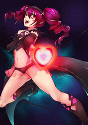  black_gloves black_legwear boots character_request chikuwa_udon commentary_request detached_sleeves drill_hair eyelashes female fingerless_gloves gloves gradient_background happy headdress heart long_hair navel open_mouth photoshop_(medium) reisen_(hayashi_tomoaki) solo twintails underwear 