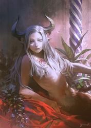  androgynous commentary_request dappled_sunlight demon demon_horns fantasy fur gender_request hair_censor horns jewelry long_hair looking_at_viewer navel necklace nude original photoshop_(medium) pointy_ears reclining signature silver_hair solo sunlight yuu_kikuchi 