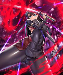  black_hair blue_eyes breasts city curvy earrings female female fuuma_tokiko jewelry kagami_hirotaka kunai lilith-soft looking_at_viewer moon night shiny shiny_clothes sky standing sword taimanin_(series) taimanin_asagi taimanin_asagi_battle_arena weapon 