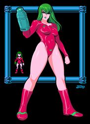  alternate_costume alternate_hair_color arm_cannon bare_legs boots breasts clenched_hand commentary english_commentary female full_body green_hair green_lips highleg highleg_leotard jmanvelez justin_bailey leotard lipstick long_hair long_legs makeup medium_breasts metroid metroid_(classic) pixelated red_eyes red_leotard samus_aran solo standing thighs weapon 