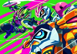  absurdres action_gamer_level_2 action_gamer_level_3 armor bakusou_bike_level_2 belt biker_gamer_level_2 breastplate commentary_request gamer_driver highres kamen_rider kamen_rider_ex-aid kamen_rider_ex-aid_(series) kamen_rider_genm kamen_rider_lazer mighty_action_x_level_2 motor_vehicle motorcycle otokamu shakariki_sports_level_3 speed_lines 