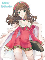  atelier_(series) atelier_elie book brown_hair cape character_name choker commentary_request cowboy_shot earhart eisel_weimar female green_eyes headdress long_hair pink_thighhighs red_choker red_skirt skirt solo thighhighs white_background 