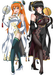  2girls :d bare_shoulders beatmania_iidx blush breasts cleavage_cutout clothing_cutout commentary_request covered_nipples floral_print full_body gloves green_legwear hair_ornament hand_fan headgear headphones high_heels hinazuki_ririna holding_hands komusou_(jinrikisha) large_breasts long_hair looking_at_viewer mouth_hold multiple_girls open_mouth orange_eyes orange_hair pantyhose paper_fan red_eyes simple_background smile standing thighhighs two_side_up uchiwa umegiri_iroha white_background white_gloves 