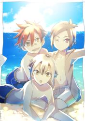  3boys :d :o aizen_kunitoshi bandaid bandaid_on_face bandaid_on_nose beach brown_eyes brown_hair commentary_request green_eyes hotarumaru houchou_toushirou lying male_focus male_swimwear multiple_boys on_stomach one_eye_closed open_mouth red_hair sitting smile swim_trunks topless_male touken_ranbu ui_(majiwi) v-shaped_eyebrows white_hair yellow_eyes 