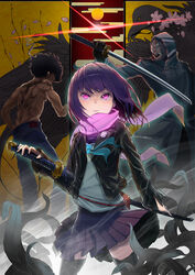  2boys absurdres afro bad_id bad_pixiv_id bird black_hair black_legwear cigarette egasumi female flower fukurou_(suga0930) highres jacket looking_up multiple_boys muscular ninja ninja_slayer photoshop_(medium) purple_eyes purple_hair scarf school_uniform serafuku silver_karasu skirt sliding_doors suicide_(ninja_slayer) sun sword thighhighs topless weapon yamoto_koki 