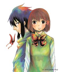  1boy black_eyes black_hair brown_eyes brown_hair coat commentary_request female flower hair_flower hair_ornament hairclip hasegawa_yume mogi_sayaka official_art photoshop_(medium) pupa school_uniform short_hair smile sweater_vest turtleneck yuu_(pupa) 