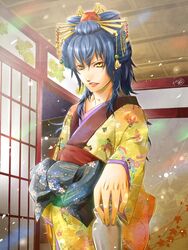  1boy bird blue_hair commentary_request crossdressing hair_ornament hakuouki_reimeiroku hakuouki_shinsengumi_kitan highres ibuki_ryunosuke japanese_clothes kanzashi kimono lipstick long_hair makeup male_focus nihongami obi oiran otoko_no_ko plover_(animal) sash solo tokkuri yellow_eyes yotuzakura 