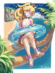  ankle_ribbon beach bikini blonde_hair blue_eyes breasts calilo choker cleavage commentary crown dappled_sunlight day earrings english_commentary female full_body gem head_tilt highres hoop_earrings in_tree innertube jewelry legs_crossed long_hair looking_at_viewer mario_(series) medium_breasts nail_polish nintendo ocean pink-tinted_eyewear pink-tinted_glasses pink_bikini pink_choker pink_nails ponytail princess_peach red_skirt ribbon sandals sitting skirt solo sunglasses sunlight swimsuit tinted_eyewear toenails tree 