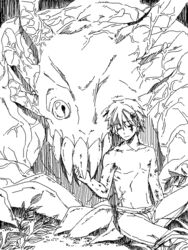  1boy bad_id bad_pixiv_id brother_and_sister closed_eyes commentary_request cosmos_(sivla) flower greyscale hair_flower hair_ornament hairclip hasegawa_utsutsu hasegawa_yume monochrome monster pupa scar scar_across_eye scar_on_face short_hair siblings smile topless_male 