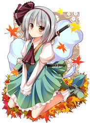  autumn_leaves blush brown_eyes commentary_request female grey_hair hairband hitodama katana kneeling konpaku_youmu konpaku_youmu_(ghost) leaf maple_leaf masa_(miyabitei) scabbard sheath short_hair skirt solo sword touhou weapon 