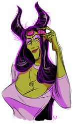  big_breasts black_hair breasts cleavage clothed clothing collar disney disney_villains eyeshadow eyewear female female_only fully_clothed glasses green_body green_skin hair horn human jewelry long_hair makeup maleficent mammal necklace pentagram purple_eyeshadow rough_sketch simple_background slb sleeping_beauty_(1959_film) smile solo white_background 