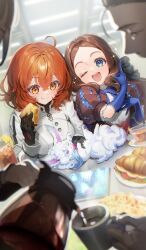  1boy 3girls ahoge animal black_bow black_gloves blue_eyes blue_gloves blush bow breasts brown_dress brown_hair coffee coffee_mug coffee_pot cup dress eating elbow_gloves fate/grand_order fate_(series) food forehead fou_(fate) fujimaru_ritsuka_(female) fujimaru_ritsuka_(female)_(decisive_battle_chaldea_uniform) galibo gloves hairbow jacket leonardo_da_vinci_(fate) leonardo_da_vinci_(rider)_(fate) leonardo_da_vinci_(rider)_(first_ascension)_(fate) long_hair long_sleeves medium_breasts mug multiple_girls official_art one_eye_closed open_mouth orange_eyes orange_hair parted_bangs plate ponytail puff_and_slash_sleeves puffy_short_sleeves puffy_sleeves red_skirt sherlock_holmes_(fate) short_hair short_sleeves skirt small_breasts smile sparkle table white_jacket 