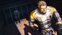  2boys armor bandaid bara beard brown_hair commentary_request crank_zent ein_dalton facial_hair gloves gundam gundam_tekketsu_no_orphans highres large_pectorals male_focus mature_male multiple_boys muscular muscular_male pauldrons pectorals shirt shoulder_armor thick_eyebrows tight_clothes tight_shirt uniform zelo-lee 