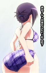  ass back bikini breasts female female from_behind gochuumon_wa_usagi_desu_ka? gochuumon_wa_usagi_desuka? hair_ornament huge_ass medium_breasts plaid plaid_bikini plaid_swimsuit purple_hair solo swimsuit tedeza_rize thighs translated translation_request tsuti 