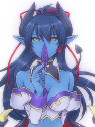  asmodeus_(shinrabanshou) bare_shoulders black_sclera blue_hair blue_skin breasts cleavage colored_sclera colored_skin commentary_request demon_girl demon_tail demon_wings feathers female horns low_wings medium_breasts namaenadonai pointy_ears shinrabanshou solo tail wings yellow_eyes 