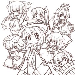  6+girls :3 absurdres bad_id bad_pixiv_id bow bucket chibi daiyousei dress fujiwara_no_mokou fushigi_ebi hair_bobbles hair_ornament hair_tubes hairbow hakurei_reimu hand_in_pocket hat hat_ribbon highres holding in_bucket in_container kamishirasawa_keine kazami_yuuka kisume line_art long_hair monochrome multiple_girls necktie ribbon side_ponytail smile suspenders touhou touhou_ningyougeki transparent_background twintails umbrella usami_renko 