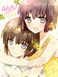  1boy :d bad_id bad_pixiv_id bare_shoulders blush brother_and_sister brown_hair clover_(flower) dated female flower frown grey_eyes happy_birthday hug hug_from_behind looking_at_viewer nishio_akira nishio_rina ootani_mikoto open_mouth short_hair siblings smile soukyuu_no_fafner tank_top twins 