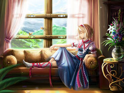  alice_margatroid bad_id bad_pixiv_id bird blonde_hair blue_dress blue_sky capelet closed_eyes cloud couch curtains day dress female flower forest hairband leg_ribbon nature path photoshop_(medium) puffy_short_sleeves puffy_sleeves ribbon road saber_01 sash shirt short_sleeves sitting sky solo table touhou vase window 