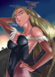  bare_shoulders blonde_hair blue_eyes breasts bridal_gauntlets commentary_request cosplay curry_(dbt) dorothy_catalonia earrings female forked_eyebrows gundam gundam_wing hair_slicked_back hand_on_own_hip head_wings jewelry large_breasts leotard long_hair morrigan_aensland morrigan_aensland_(cosplay) pantyhose solo stud_earrings vampire_(game) wings 