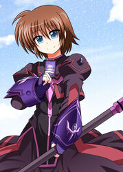  azumaya_hironaru black_dress blue_eyes brown_hair card cloud commentary_request day dress female fingerless_gloves gloves long_sleeves luciferion lyrical_nanoha magical_girl mahou_shoujo_lyrical_nanoha_innocent puffy_sleeves short_hair solo stern_the_destructor 