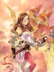  aircraft airship armor beatrix_(ff9) breastplate breasts brown_eyes brown_hair commentary_request eyepatch female final_fantasy final_fantasy_ix gauntlets gloves highres issun_boushi_(ilmtkimoti) lips long_hair medium_breasts pantyhose sideboob solo sword traditional_media weapon 