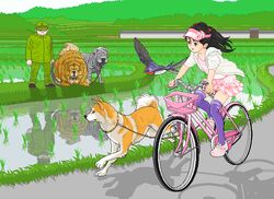  1boy akita_inu bicycle bird black_hair brown_eyes canine chow_chow chuugo closed_eyes commentary_request female hinomoto_sakura miniskirt nihon-chan outdoors pixel_art reflection rice_paddy riding river shadow shar_pei skirt sun_(artist) swallow_(bird) thighhighs visor_cap water wetland 