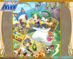  2boys antennae armor bag blue_hair bottle coin colored_sclera dragon dress fairy female fire green_hair halo heart helmet horns hotta_(monster_world) monster monster_world monster_world_iv mountain multiple_boys no_pupils official_art official_wallpaper orange_hair pepelogoo ponytail priscilla_(monster_world) priscilla_(wonder_boy) purple_eyes robe scythe sega shield shion_(monster_world) shion_(wonder_boy) skeleton sword treasure wand weapon wings wonder_boy_in_monster_world wonder_boy_v_monster_world_iii yellow_sclera 