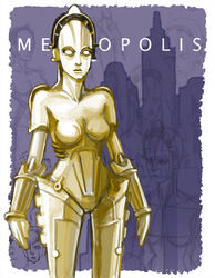  android breasts cityscape commentary_request copyright_name cyberpunk female jonathan_kim maschinenmensch medium_breasts metropolis_(fritz_lang) robot science_fiction solo 