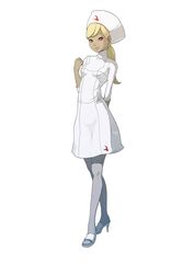  alternate_costume alternate_hairstyle blonde_hair dark-skinned_female dark_skin female full_body gravity_daze gravity_daze_2 grey_pantyhose hat high_heels highres kitten_(gravity_daze) looking_at_viewer nurse nurse_cap official_art pantyhose ponytail red_eyes saitou_shunsuke smile solo standing 