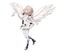  angel_wings breasts cleavage durga_angel female flower full_body gravity_daze gravity_daze_2 hair_flower hair_ornament highres looking_at_viewer medium_breasts official_art pink_hair saitou_shunsuke smile socks solo striped_clothes striped_socks wings 