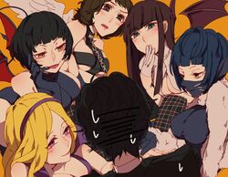  1boy 5girls amamiya_ren angel_(megami_tensei) angel_(megami_tensei)_(cosplay) bad_id bad_twitter_id black_hair blonde_hair blush cosplay glasses halloween kawakami_sadayo leanan_sidhe_(megami_tensei) leanan_sidhe_(megami_tensei)_(cosplay) lilim_(megami_tensei) lilim_(megami_tensei)_(cosplay) looking_at_viewer mask mifune_chihaya multiple_girls nekomata_(megami_tensei) nekomata_(megami_tensei)_(cosplay) ohya_ichiko orange_background p5_koumei persona persona_5 smile straight succubus_(megami_tensei) succubus_(megami_tensei)_(cosplay) takemi_tae tougou_hifumi zipper 