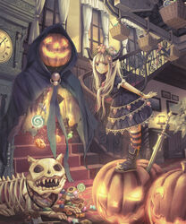  analog_clock arms_behind_back bad_id bad_pixiv_id basket black_dress black_footwear blonde_hair blue_eyes blunt_bangs blurry book book_stack boots bracer buckle candy carpet checkerboard_cookie chocolate chocolate_bar chocolate_doughnut cloak clock cookie curtains demon_girl demon_horns demon_tail depth_of_field doughnut dress female food front_ponytail glowing grandfather_clock grin hair_ornament halloween highres hood hooded_cloak horns house indoors ironwork jack-o&#039;-lantern jack-o&#039;-lantern_head kneehighs lamp layered_dress leaning_forward light_particles lollipop long_hair machinery original petite photoshop_(medium) picture_frame planted planted_sword pointy_ears puffy_short_sleeves puffy_sleeves railing ribbon shoichi_(ekakijin) short_sleeves skeleton smile socks solo stairs standing striped_clothes striped_socks sword tail tail_ornament tail_ribbon teeth wafer_stick weapon window 