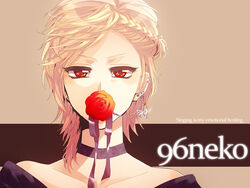  96neko bad_id bad_pixiv_id blonde_hair earrings female flower indie_utaite jewelry photoshop_(medium) red_eyes rose satou_iruno solo utaite 