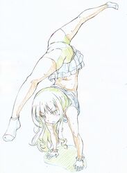  absurdres anitore!_ex bad_id bad_twitter_id bike_shorts color_trace colored_pencil_(medium) commentary_request female flexible full_body handstand highres kitazinger long_hair skirt socks solo stretching tachibana_shion traditional_media 