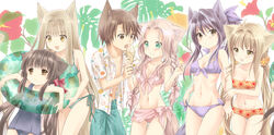  6+girls :d :o adjusting_clothes age_difference ahoge alternate_hairstyle amano_sakuya animal_ears arm_at_side arm_hug arms_up bikini blonde_hair blue_bikini blue_one-piece_swimsuit blue_shorts blunt_bangs braid breasts brown_eyes brown_hair cleavage closed_mouth collarbone cowboy_shot expressionless eye_contact floral_background floral_print flower food fox_ears fox_tail frilled_bikini frills green_eyes groin hair_between_eyes hair_flower hair_intakes hair_ornament hair_ribbon hands_up height_difference hibiscus hime_cut holding holding_food ice_cream ice_cream_cone innertube kiri_(konohana_kitan) konohana_kitan large_breasts leaf leaning lolicon long_hair looking_at_another looking_down looking_to_the_side looking_up low_twintails medium_breasts multiple_girls name_tag narrow_waist natsume_(konohana_kitan) navel old_school_swimsuit one-piece_swimsuit open_clothes open_mouth open_shirt orange_flower parted_bangs photoshop_(medium) pink_hair pink_ribbon print_shirt print_swimsuit purple_bikini red_flower red_ribbon ren_(konohana_kitan) reverse_trap ribbon sakura_(konohana_kitan) satsuki_(konohana_kitan) school_swimsuit shiny_skin shirt short_hair short_sleeves shorts side-tie_bikini_bottom sidelocks small_breasts smile straight_hair swept_bangs swim_ring swimsuit tail tareme tongue tongue_out twin_braids twintails very_long_hair wavy_hair white_shirt yellow_eyes yuzu_(konohana_kitan) 