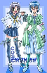  blue_hair busou_renkin glasses green_eyes scar school_uniform seifuku serafuku tsumura_tokiko valkyrie_skirt yellow_eyes 