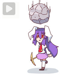  animal_ears boulder buttons commentary_request crossover fake_play_button fake_video female gameplay_mechanics kakinoki_mikan_(kari) long_hair long_sleeves necktie pickaxe purple_hair rabbit_ears red_eyes red_necktie reisen_udongein_inaba simple_background skirt solo terraria touhou white_background white_legwear 