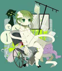  1boy aoshiru_(yume_2kki) bandage barefoot blood chainsaw clock female flat_gaze frown green_eyes green_hair grin intravenous_drip open_mouth sakurakunet shadow short_hair smile urotsuki wheelchair yume_2kki 