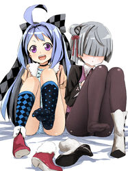  2girls 7th_dragon_(series) 7th_dragon_iii abe_kanari ahoge ankle_boots arika_(7th_dragon) black_legwear blue_hair blue_panties boots bow chika_(7th_dragon) commentary_request duelist_(7th_dragon) feet hair_ornament hair_over_eyes hairbow high_heel_boots high_heels long_hair multiple_girls panties pantyhose pantyshot photoshop_(medium) polka_dot polka_dot_panties purple_eyes red_footwear short_hair silver_hair single_boot sitting underwear unworn_boots white_footwear 