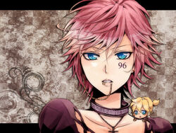  1boy 96neko bad_id bad_pixiv_id blue_eyes chibi earrings female indie_utaite jewelry kagamine_len letterboxed linked_piercing lip_piercing mini_person miniboy necklace photoshop_(medium) piercing red_hair satou_iruno utaite vocaloid 